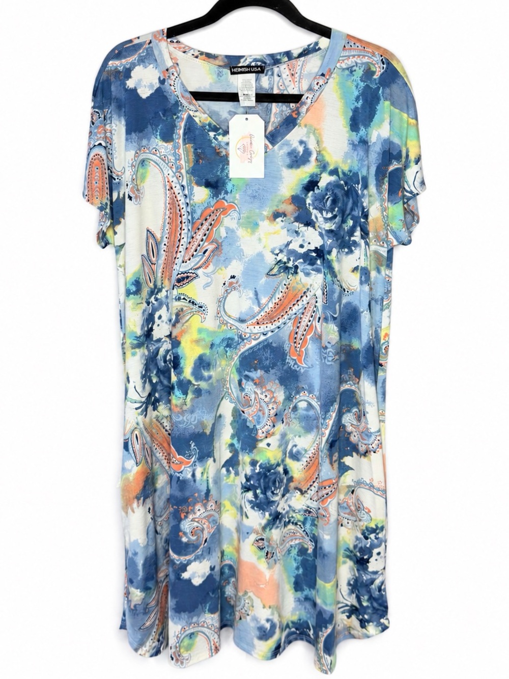 HEIMISH USA Blue & Coral Paisley V-Neck Dress Women’s 2X